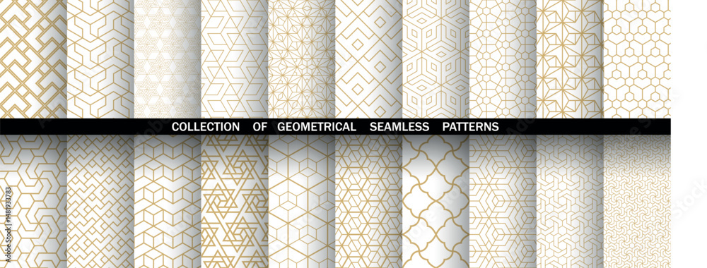 Fototapete Geometric set of seamless golden and white patterns. Simple vector graphics
