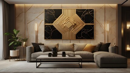 A modern 3D wall art piece featuring abstract geometric shapes in shades of gold and black,The artwork is set against a neutral-toned living room wall,Generative Ai

