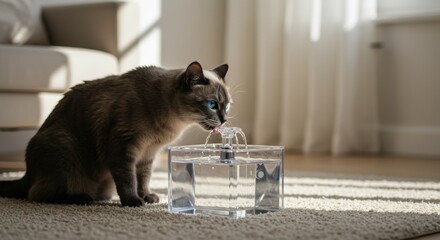 Siamese cat drinking from a modern automatic pet water fountain indoors, highlighting innovative pet supplies 