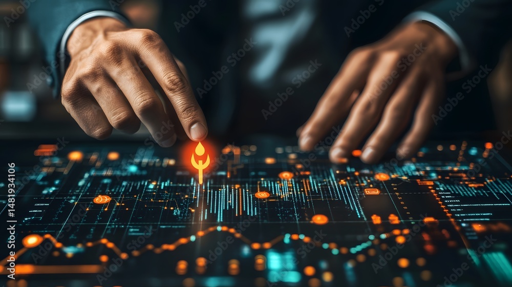 Poster a man interacting with an abstract digital interface, symbolizing data analysis and technological in