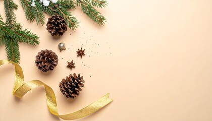 Festive christmas arrangement featuring pine cones evergreen branches golden ribbon and decorations