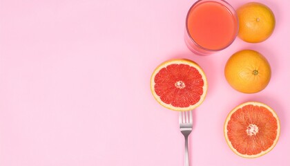 Freshly squeezed grapefruit juice and whole and sliced citrus fruits on pink background