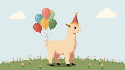 Obraz premium Fluffy alpaca wearing a festive party hat among colorful balloons in a