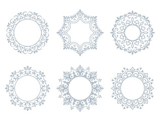 Set of decorative frames Elegant vector element for design in Eastern style, place for text. Floral gray and white borders. Lace illustration for invitations and greeting cards