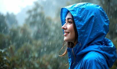Young cheerful woman in blue raincoat  under the falling rain in joyful emotion, to cope up with challenge or hard difficult day with positive mindset - Go through tough adversity with growth mindset
