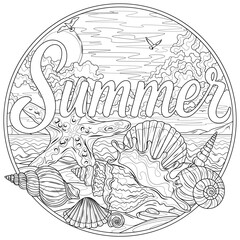 Inscription Summer on the background of sea shells on the beach in a round frame.Coloring book antistress for children and adults. 