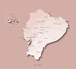 Fototapeta premium Vector isolated illustration. Simplified administrative map of Ecuador with Galapagos islands in beige colors. Brown background and outlines. Names of Ecuadorian big cities and provinces