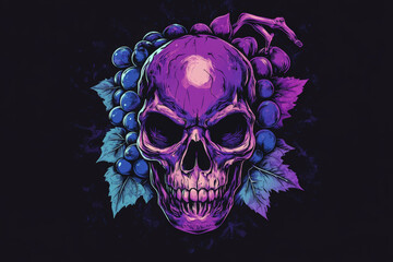 Fototapeta premium Skull and Grapes T-Shirt Design. A detailed illustration featuring a skull design with grapes and leaves, perfect for a unique t-shirt print.