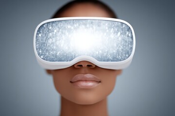 Explore the future of digital interaction through a close-up of a person wearing virtual reality goggles displaying binary code and holographic visuals representing immersive technology