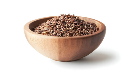 Wooden bowl with brown rice on white background