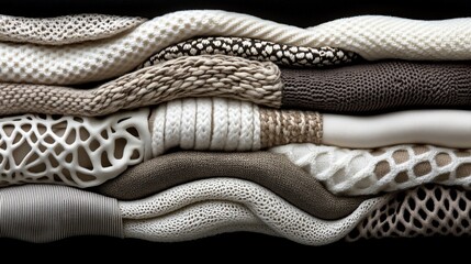 A close-up of various folded knitwear garments in neutral tones, forming a stacked texture