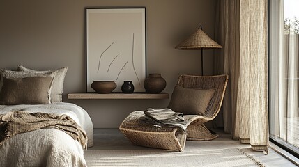 Warm and minimalist bedroom with natural textures