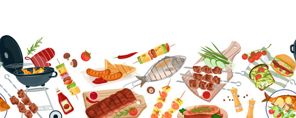Party grilled food border. Summer picnic BBQ seamless pattern. Flat vector banner with barbecue grill, sausages, meat skewers, steak, fish and shrimp, burger and vegetables grill, with copy space