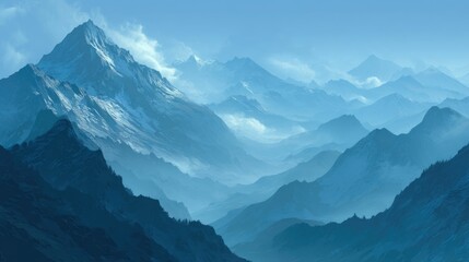 Misty Blue Mountains: A Serene Landscape Painting