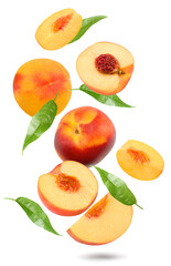flying nectarine with green leaves isolated on white background. clipping path