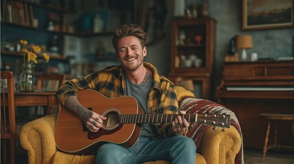 Obraz premium A contented man home, strumming a guitar in an armchair