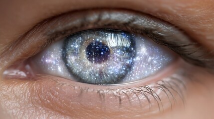 Close-up of a captivating human eye reflecting cosmic galaxy patterns filled with stars and light showcasing the beauty of vision through a lens of creativity and wonder