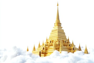 Golden temple emerging from fluffy white clouds.