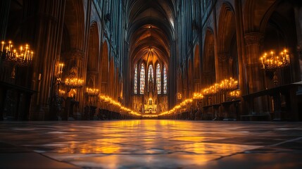 Gothic interior with glowing candlelight ambiance.