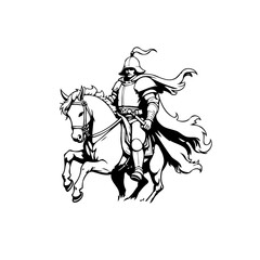 Monochrome depiction of a knight mounted on a charging warhorse in stylized illustration