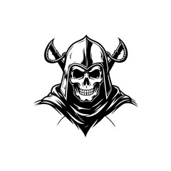 Intricate Black and White Warrior Skull Illustration with Helmet and Swords