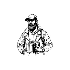 Monochrome drawing presenting a man holding a gift, encapsulating the essence of modern gifting