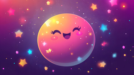 Naklejka premium A cheerful cartoon moon smiles amidst colorful twinkling stars, creating a whimsical night sky scene.