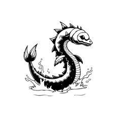 Stylized depiction of an aquatic serpent emerging from water with spiky dorsal