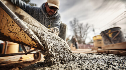 Worker pouring concrete at a construction site using a trowel and wheelbarrow for precise application