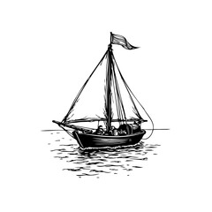 Detailed ink drawing of a sailing boat gliding through calm ocean waters