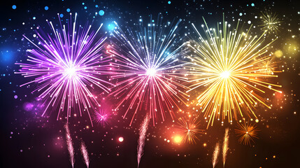 Bursting fireworks in vibrant colors light up the night sky, creating a festive and joyous atmosphere.