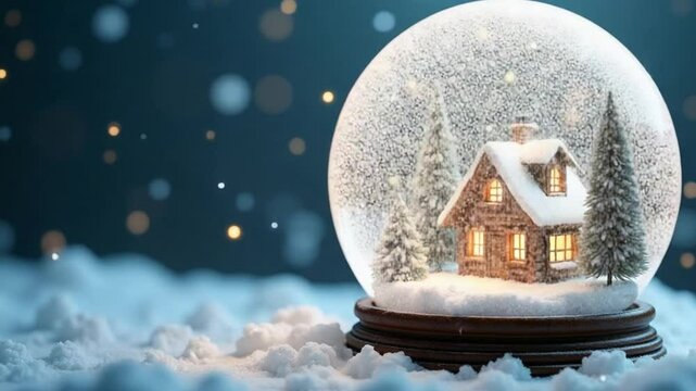 Snow-covered miniature house inside a glass snow globe on a snowy winter background, hyper-detailed, highly realistic, 4K, cinematic lighting, dramatic, stunning, award-winning  video download,