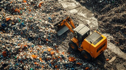 Heavy Machinery Working at Landfill Site, managing plastic and industrial waste