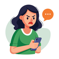 Angry woman online, texting hate comment on mobile phone. Aggressive person with smartphone, chatting in social media, internet conflict. Flat vector illustration isolated on white background 