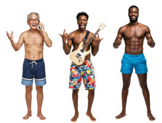 Three Diverse Adult Males Celebrating Summer: An Asian Senior in Swim Trunks on a Phone, a Black Young Man with a Guitar, and a Black Muscular Young Man Thumbs Up