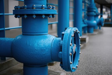 Closeup Of Blue Metal Pipes And Valves Outdoors