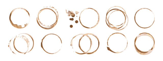 Coffee or tea stain drink cup rings vector illustration set isolated on white background. Coffee stain marks ring cup spot trace. Brown round splashes of drink collection.