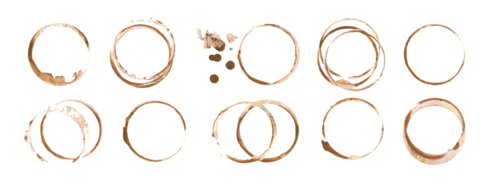 Coffee or tea stain drink cup rings vector illustration set isolated on white background. Coffee stain marks ring cup spot trace. Brown round splashes of drink collection.