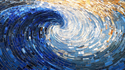 A vibrant swirling mosaic of blue and gold tiles creating an ocean wave effect.