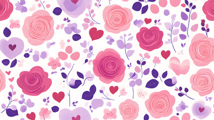 A vibrant floral pattern featuring pink and purple roses, hearts, and delicate leaves, creating a cheerful and romantic atmosphere.