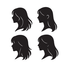 Bold long hair side profile icons silhouette set