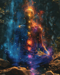 Chakras glowing from root to crown in a meditating figure