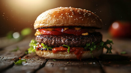 Close-up image of a gourmet burger on a rustic wooden surface.