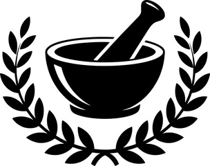 Bold mortar and pestle silhouette with a laurel wreath for achievement