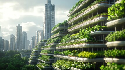 Obraz premium Modern city buildings with vertical gardens.