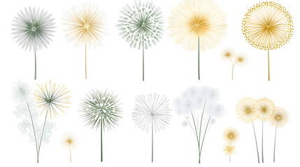 Obraz premium Delicate botanical illustrations of various stylized flower and plant designs in muted tones of green, white, and gold.