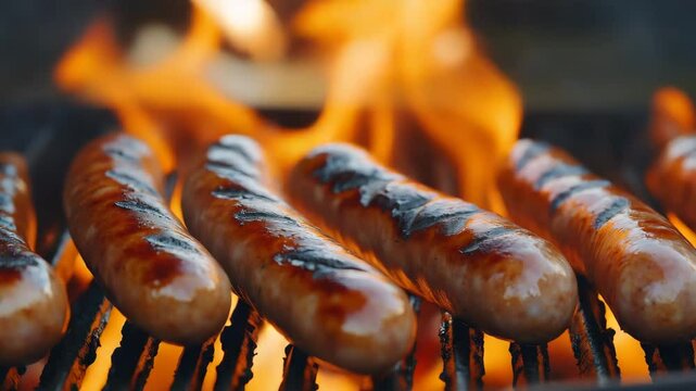 Close up of hot dogs on a grill with flames licking the ends. Concept of warmth and comfort, as well as the anticipation of a delicious meal