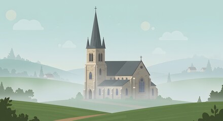 Naklejka premium Serene Church Landscape in Morning Mist