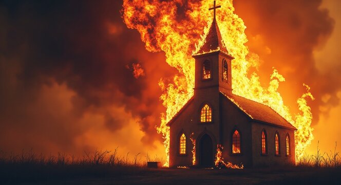 Church engulfed in flames Symbolic representation of religious conflict or persecution. Dramatic visual metaphor for faith under attack. Vintage effect