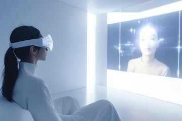 Fototapeta premium Person using virtual reality in futuristic space.